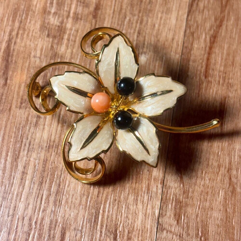 Vintage Gold Tone Enamel Flower Brooch, Beaded Center